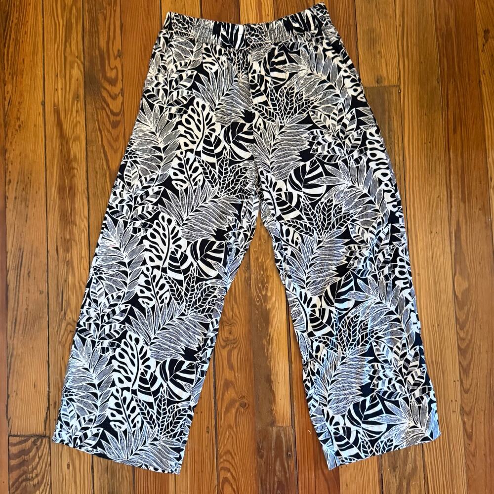 Panama Jack Size M Black White Tropical Leaf Print Wide Leg Pants Boho￼Beach